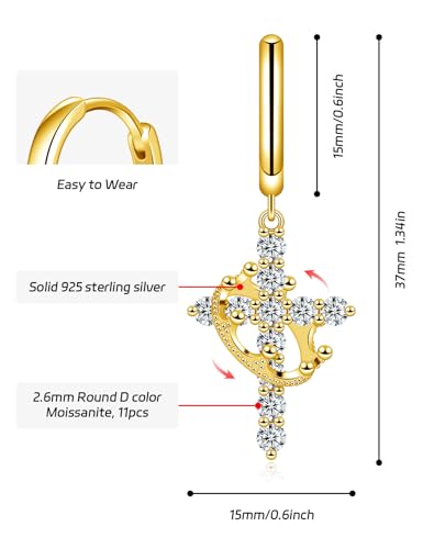 Moissanite Sterling Silver Cross Earrings for Women Huggie Drop - color: Cross Crown (Gold)