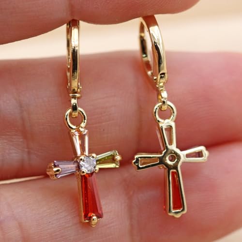 18K Gold Plated, Dangle Earrings for Women, Flower/Heart Drop earrings, Hypoallergenic Cubic Zirconia Earrings, Lightweight, Party, gold earrings, Jewelry for Gifts, Fashion - style: Drop-Cross-Mix