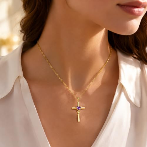 Birthstone Cross Necklace for Women 14K Gold Plated Heart Infinity Cross Pendant Necklace Christian Religious Jewelry Anniversary Birthday Gifts for Wife Mom Her - color: Oct/Tourmaline