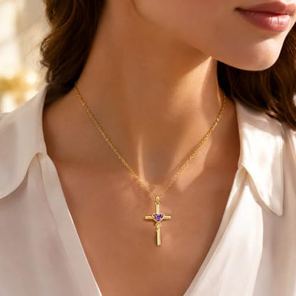 Birthstone Cross Necklace for Women 14K Gold Plated Heart Infinity Cross Pendant Necklace Christian Religious Jewelry Anniversary Birthday Gifts for Wife Mom Her - color: Oct/Tourmaline