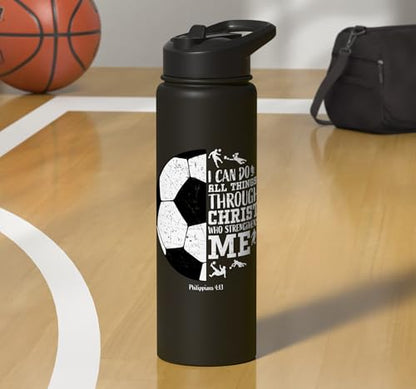 Christian Soccer Faith Graphic Bible Verse Philippians 4:13 Stainless Steel Insulated Water Bottle - color: Black