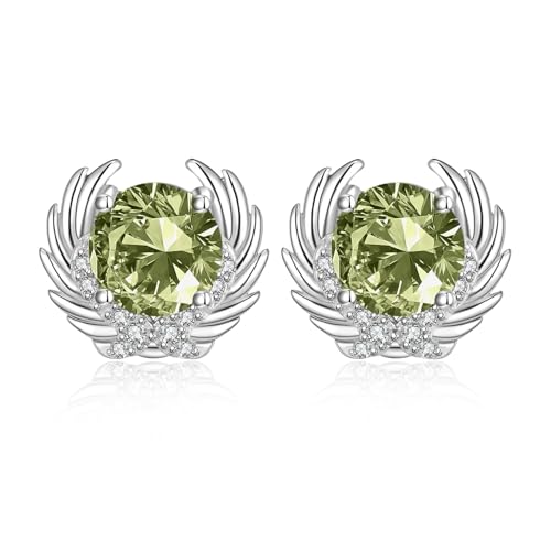 Angle Wing Earrings Sterling Silver Birthstone Stud Jewelry Birthday Gifts for Women Wife Friends Daughter Granddaughter - style: Angle wing earrings-olive green birthstone