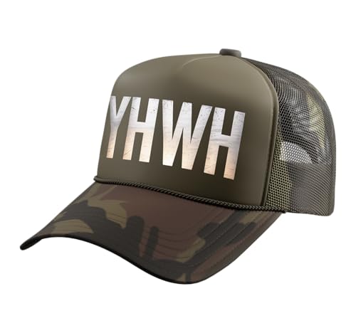 YHWH Christianity Jesus Christian Faith Trucker Hat with Adjustable Mesh Back - color: Camo Green
