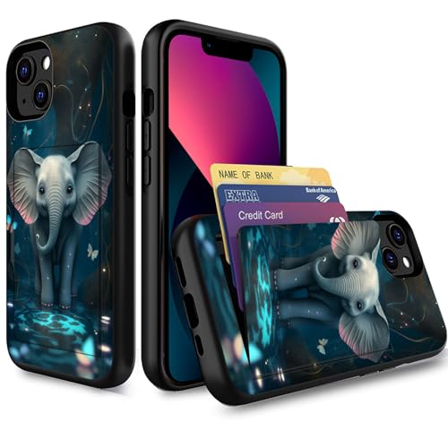 for iPhone 15 Case,Wallet Case Credit Card Holder Dual Layer Hybrid Shockproof PC + TPU Case Cover for iPhone 15 6.1" 2023,Baby Elephant Butterfly - color: Baby Elephant Butterfly, size: iPhone 15 6.1"