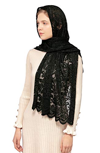 Wgior Rectangular Chapel Veil Scarf Catholic Church Veils Mantilla Wrap Shawl Mass Head Covering - color: Black