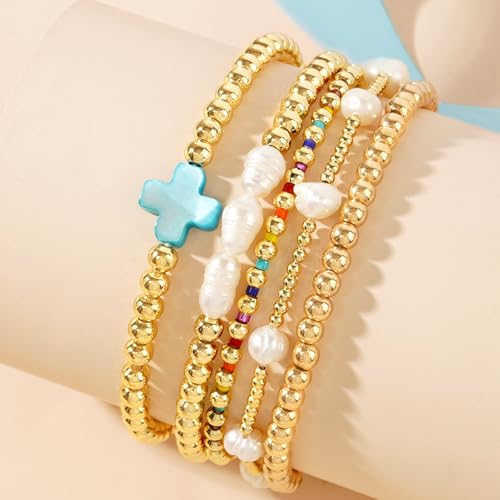 Gold Pearl Beaded Cross Bracelets Stack Set for Women, Boho Handmade Colorful Small Beads Stretchable Jewelry Friendship Summer Trendy Gift. - color: blue