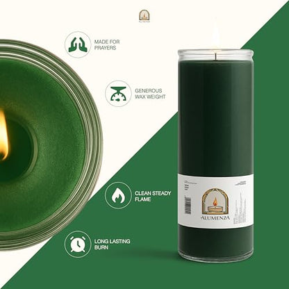 3pk Green Verde 90hr | 7-Day Prayer Candles - Glass Jar Veladoras, Unscented Paraffin Wax | Money, Prosperity & Luck Novena, Catholic Hispanic Church Altar, Memorial Vigil, Business Abundance - color: Green