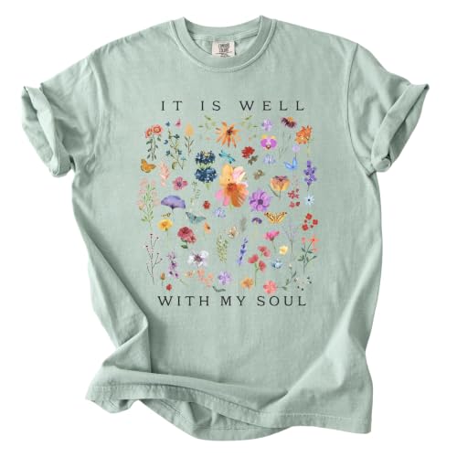 FITIN It is Well with My Soul Garment-Dyed T-Shirt, Vintage Floral Faith Graphic Tee, Christian Inspirational T-Shirt - color: Bay, size: Small