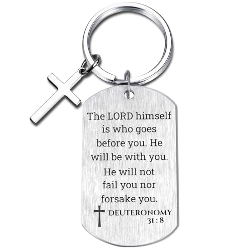 Inspirational Scripture Keychain with Cross - Bible Verse Matte Key Chain Religious Gift for Christian - style: Deuteronomy 31:8