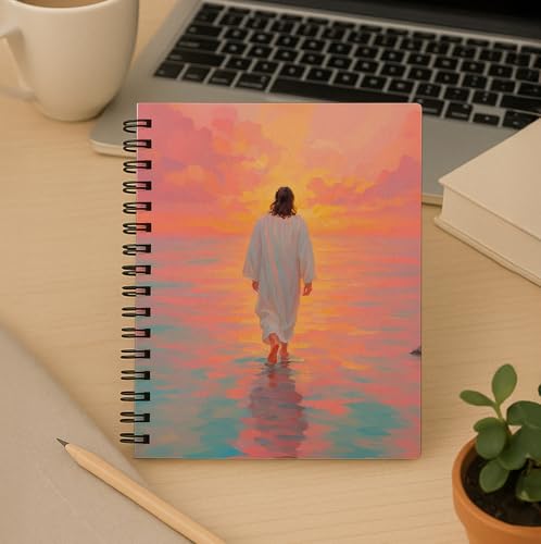 bitCNY Inspirational Christian Notebook – Jesus Walking Into Sunset – Spiritual Faith Journal with Colorful Sky, Spiral Bound 5.5x8.3 Inches - color: white-Pink-Orange Sky