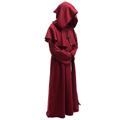 BLESSUME Friar Hooded Robe Monk Renaissance Priest Halloween Medieval Role Play Costume - color: Burgundy Cowl Hat+robe+ Waist Rope+necklace, size: Large
