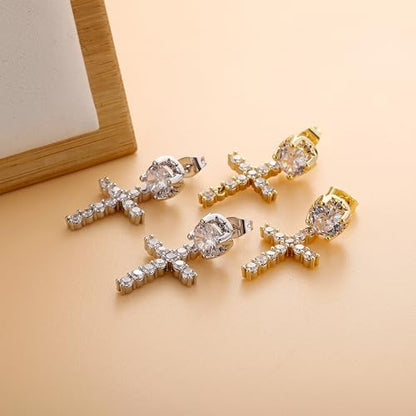 JINAO Cross Hoop Dangle Earrings for Men Women - color: Big Diamond-Silver