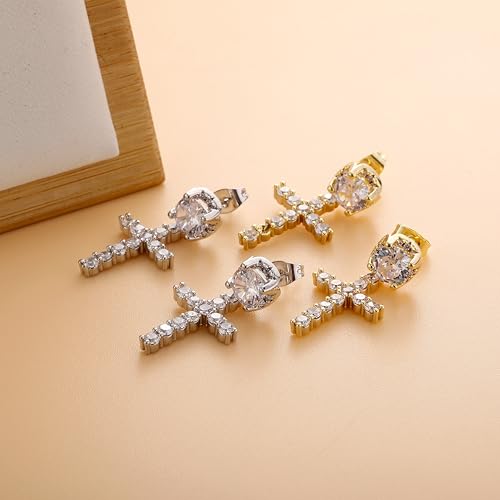 JINAO Cross Hoop Dangle Earrings for Men Women - color: Big Diamond-Silver