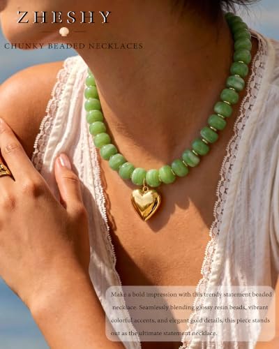 ZHESHY Chunky Beaded Necklaces for Women Heart Cross Statement Necklace - color: Green 2