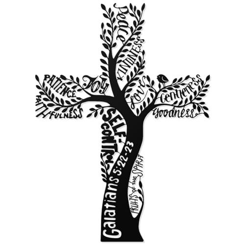 Hnatzu Metal Cross Wall Decor - Fruit of the Spirit Tree of Life Wall Cross - Rustproof Christian Wall Art for Home, Church - Inspirational Cross Wall Decor for Indoor & Outdoor Use