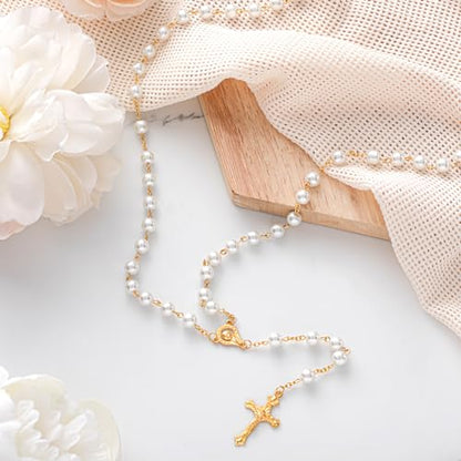 ROCEEI 24 Set Catholic Rosary Bead Bulk 8mm Glass Pearl Beads - color: Gold