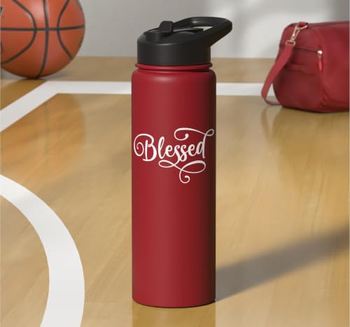 Blessed White Fancy Script Christian Religious God Jesus Stainless Steel Insulated Water Bottle - color: Red