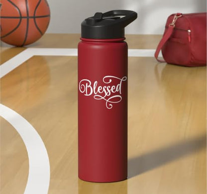 Blessed White Fancy Script Christian Religious God Jesus Stainless Steel Insulated Water Bottle - color: Red