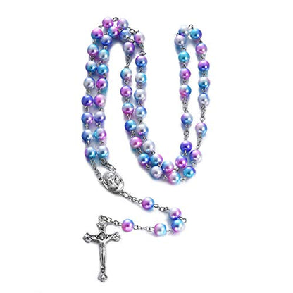 Rnivida Catholic 8MM Colorful Beads Rosary, Rosaries Necklace with Alloy Miraculous Medal and Crucifix Cross - color: Imitation Multicolor Pearl Rosaries for women pearl rosary