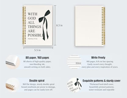 Bible Bow Notebook, Christian Study Prayer Journal for Women - color: (Black) Matthew 19:26