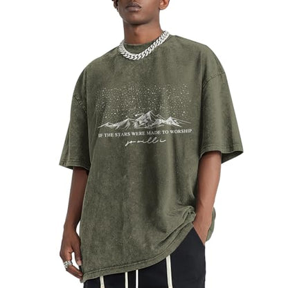 Christian Faith God Shirts for Men Jesus Bible Verse Shirt Oversized Acid Wash Tshirts Star Mountain Graphic Tees - color: Armygreen, size: Large