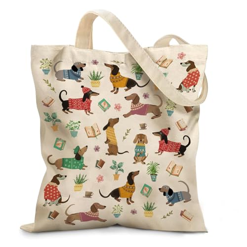 Aesthetic Canvas Tote Bag for Women - with Magnetic Snap Closure & Zipper Inner Pocket Reusable Bag for Shopping - color: Dachshund