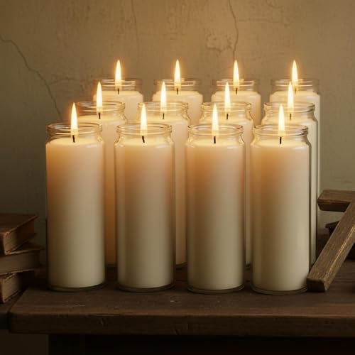 12-Pack of 2x8 Inch White Candles in Glass, Unscented Prayer Candle,Suitable for Various Occasions Such as:Memorials,Religious,Catholicism,Churches,Altars,Vigils,etc.