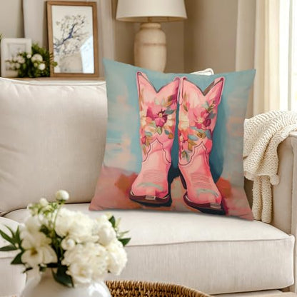 Pink Coastal Cowgirl Boot Throw Pillow Covers 18x18 Set of 2 - color: Colour -CC