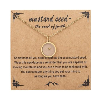 Mustard Seed Necklace - Rectangle, Round, Mountain, Hill Christian Faith Geometric Religious Inspirational Gift With Message Card - color: Gold, style: Round