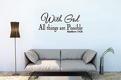 with God All Things are Possible Wall Decor Matthew 19:26 Faith Wall Decals Religious Quotes Family Scripture Home Decor Christian Vinyl Art(22.2" Wx9.6 H, Black)
