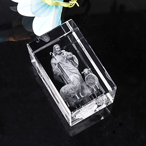 YWHL 3D Crystal Good Shepherd Statue with Colorful Base Laser Engraved Jesus Figurine for Religious Gifts for Women Men on Christmas, Christian Catholic Church Keepsakes - color: The Good Shepherd Jesus and the Lamb