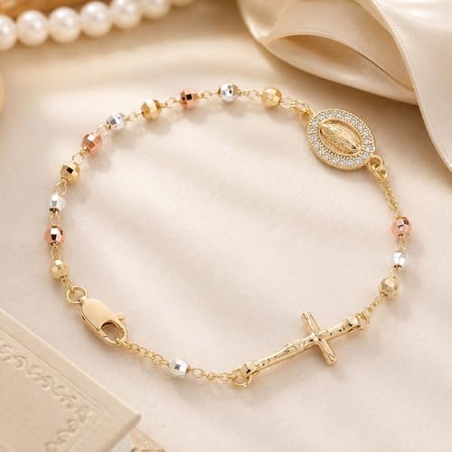 Gold Rosary Bracelet for Women Virgin Mary Jesus Cross Charm Link Chain Golden Religious Rosarios Catolicos Virgen de Guadalupe Bracelets Religious Jewelry Gift for Confirmation Baptism First Communion Gift - color: GoldPink