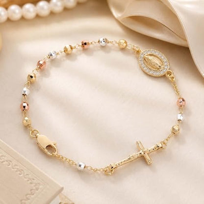 Gold Rosary Bracelet for Women Virgin Mary Jesus Cross Charm Link Chain Golden Religious Rosarios Catolicos Virgen de Guadalupe Bracelets Religious Jewelry Gift for Confirmation Baptism First Communion Gift - color: GoldPink