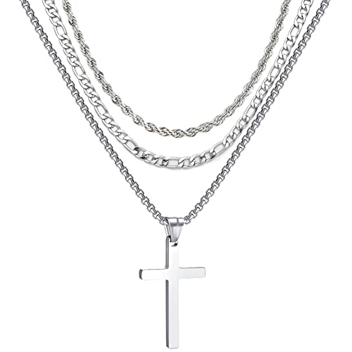 3Pcs Set Cross Necklace for Men, Mens Cross Necklace Cross Chain Layered Stainless Steel Rope Figaro Chains for Women Boys Gold Silver Black (20inch/22inch) - color: Silver