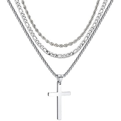 3Pcs Set Cross Necklace for Men, Mens Cross Necklace Cross Chain Layered Stainless Steel Rope Figaro Chains for Women Boys Gold Silver Black (20inch/22inch) - color: Silver