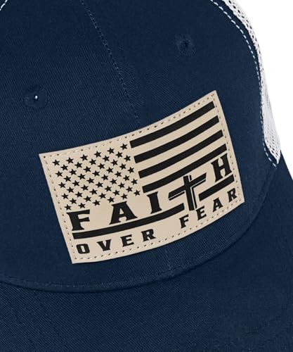 Faith Over Fear Christian Hats for Men Women, American Flag Trucker Hat, Religious Gifts for Thanksgiving Christmas - color: Navy Blue