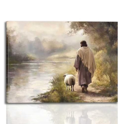 Framed Jesus Wall Art Jesus and the Lamb Walking by the River Inspirational Religious Canvas Print, Wall Decor Gallery for Living Room, Prayer Room or Church 16x24 In - color: Jesus Sheep, size: 16x24 Inches
