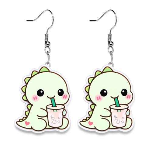 Christian Statement Earrings for Women, Acrylic Dangle Earrings, Lightweight Comfortable, Non Tarnish Hooks, Faith Jewelry, Religious Gift for Women - color: Dino With Iced Coffee