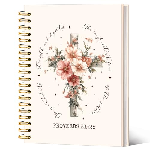 Inspirational Floral Christian Notebook Journal, Proverbs 31:25 Bible Verse Journal for Women, Christian Gifts for Women, Flower Cross Scripture Spiral Notebook 5.5x8.3 Inch - color: Proverbs 31:25-Flower