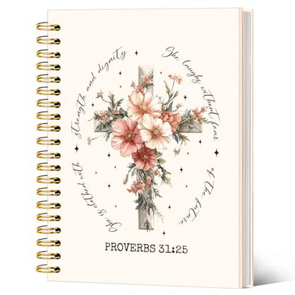 Inspirational Floral Christian Notebook Journal, Proverbs 31:25 Bible Verse Journal for Women, Christian Gifts for Women, Flower Cross Scripture Spiral Notebook 5.5x8.3 Inch - color: Proverbs 31:25-Flower