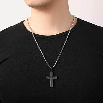 Men's Stainless Steel Cross Necklace,Two-Tone Black & Blue Carbon Fiber Pendant - Included Gift Box - style: Black & Silver XL004