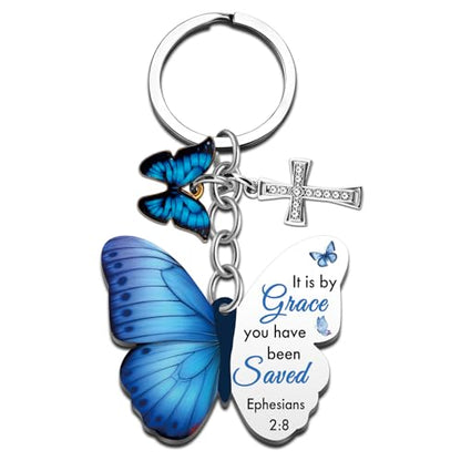Butterfly Christian Keychain Women Cross Bible Verse Keychain Butterfly Purse Charm Inspirational Religious Gifts - color: Blue