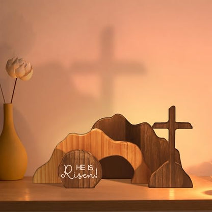 Christian Easter He is Risen Decor, Empty Tomb Cross Easter Decoration for Home, Easter Wooden Resurrection Scene Set Table Mantel Office Kitchen Decor Gift (Brown-4pcs)