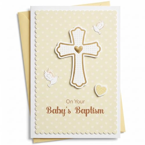 Baptism Card for Boys Girls - 3D Cross & Doves Design, 300GSM Thick Cardstock Scripture Inspired Religious Blessing Card with Envelope & Sticker, Baby Christening Gift 5.5x8 - color: Baptism - Cross & Scripture
