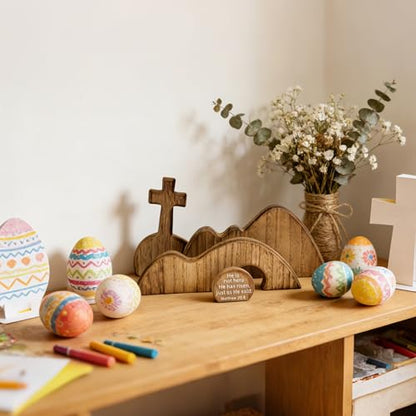 Wooden Empty Tomb Easter Christian Decoration, Religious Resurrection Scene - color: Brown-4 Pieces