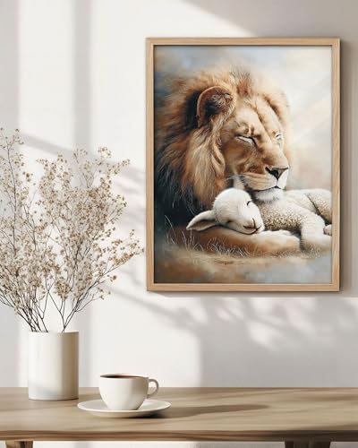 KensTro 12x16 Oak Framed Lion and Lamb Christian Wall Art - color: Lion and Lamb Peaceful-Framed, size: 16"L x 12"W