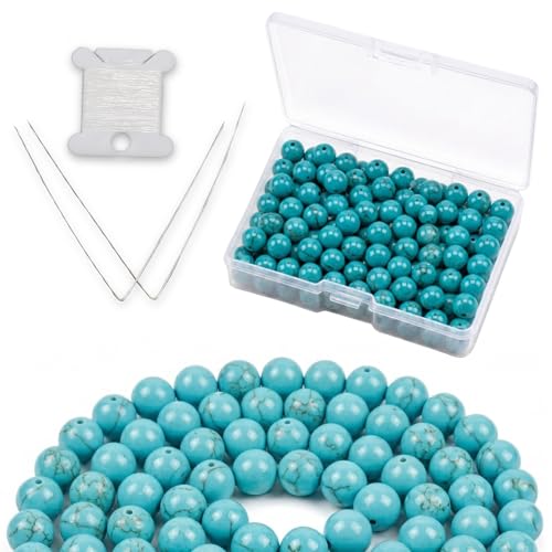 Cherry Tree Collection | 100PCS 6mm Turquoise Howlite Gemstone Round Beads for Jewelry Making | Includes Storage Box, Elastic String, and Needles - color: turquoise howlite, size: 6mm