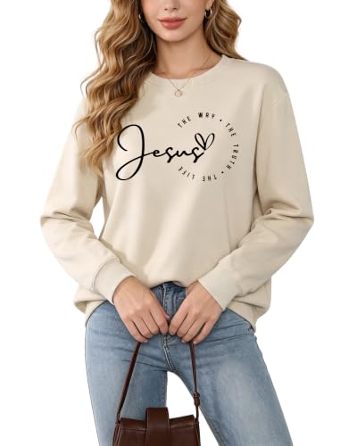 Christian Sweatshirts for Women Jesus Long Sleeve Graphic Shirts - color: Beige1, size: Medium