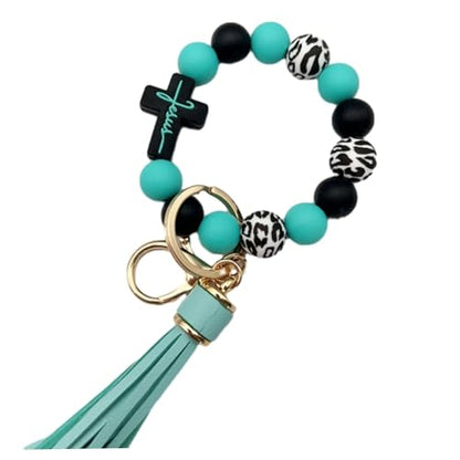 Silicone Beaded Jesus Cross Wristlet Keychain Leather Tassel,Key Ring Wrist Bangle,Key Chains Bracelet Women - color: Green Cross
