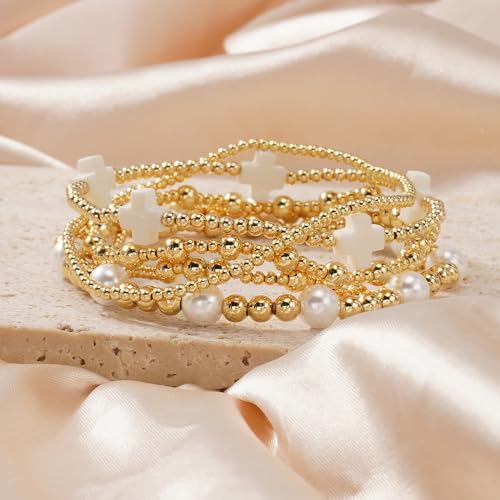 Gold Beaded Bracelets Stack for Women Stackable 14K Gold Plated Beads Ball Cross Bracelet Boho Christian Jewelry Faith Friendship Birthday Gifts for Women - color: Pearl